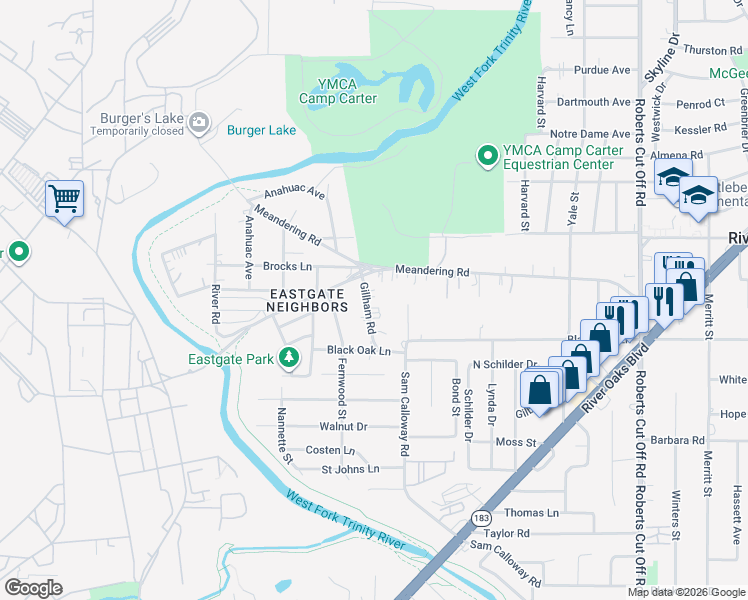 map of restaurants, bars, coffee shops, grocery stores, and more near 942 Gillham Road in River Oaks
