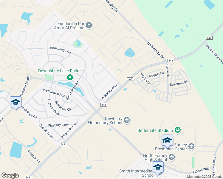 map of restaurants, bars, coffee shops, grocery stores, and more near Wheatley Way in Forney