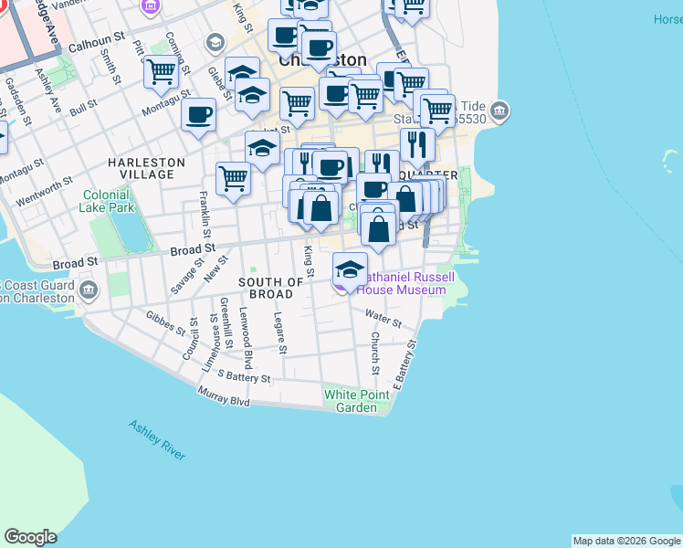 map of restaurants, bars, coffee shops, grocery stores, and more near 59 Meeting Street in Charleston