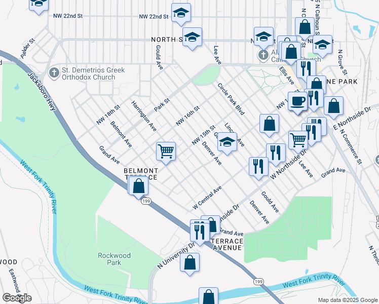 map of restaurants, bars, coffee shops, grocery stores, and more near 1001 Northwest 15th Street in Fort Worth