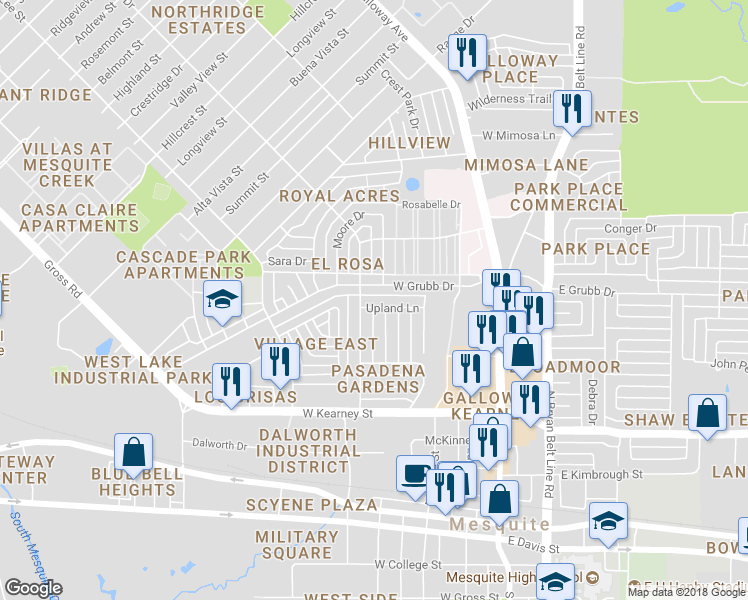 map of restaurants, bars, coffee shops, grocery stores, and more near 533 Upland Lane in Mesquite
