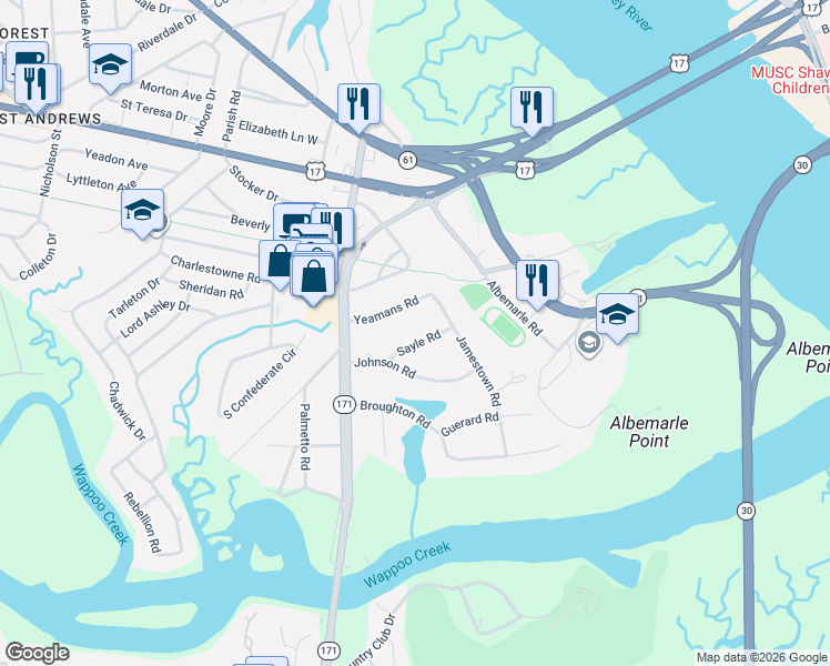 map of restaurants, bars, coffee shops, grocery stores, and more near 8 Sayle Road in Charleston