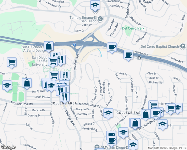 map of restaurants, bars, coffee shops, grocery stores, and more near 5325 East Falls View Drive in San Diego