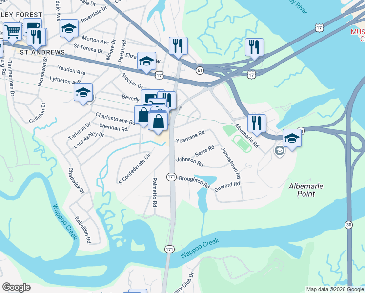 map of restaurants, bars, coffee shops, grocery stores, and more near 15 Yeamans Road in Charleston