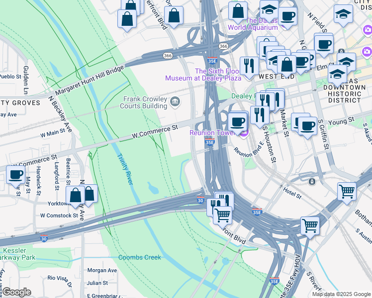 map of restaurants, bars, coffee shops, grocery stores, and more near 257 S Industrial Blvd in Dallas