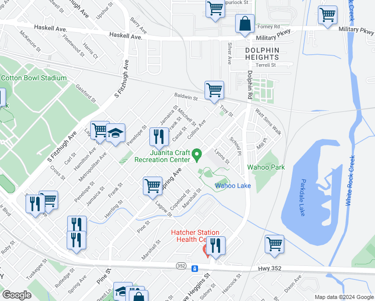 map of restaurants, bars, coffee shops, grocery stores, and more near 2810 Le Clerc Avenue in Dallas