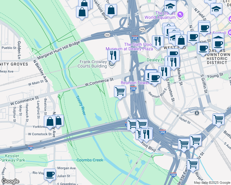 map of restaurants, bars, coffee shops, grocery stores, and more near 257 S Industrial Blvd in Dallas