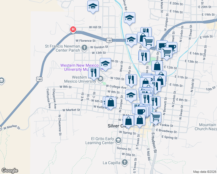 map of restaurants, bars, coffee shops, grocery stores, and more near 811 West College Avenue in Silver City