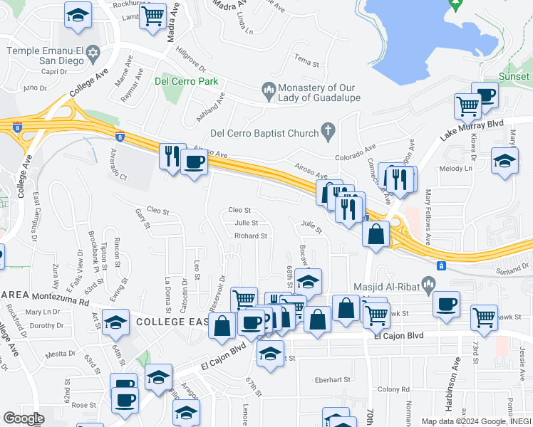 map of restaurants, bars, coffee shops, grocery stores, and more near 5267 Judson Way in San Diego