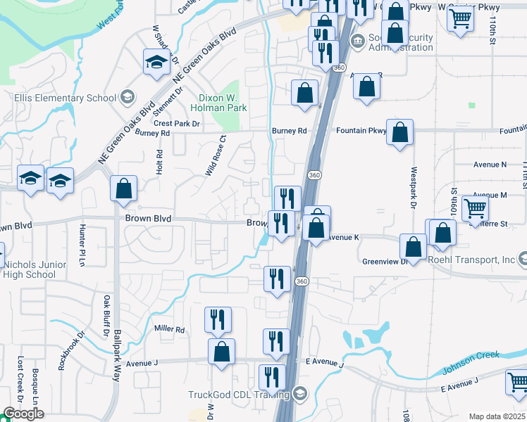 map of restaurants, bars, coffee shops, grocery stores, and more near 2505 Brown Boulevard in Arlington