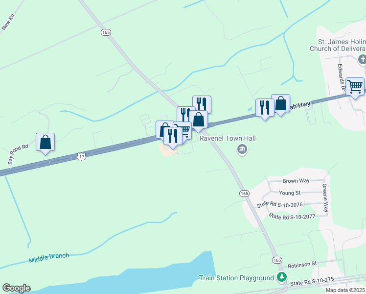map of restaurants, bars, coffee shops, grocery stores, and more near 6323 Savannah Highway in Ravenel