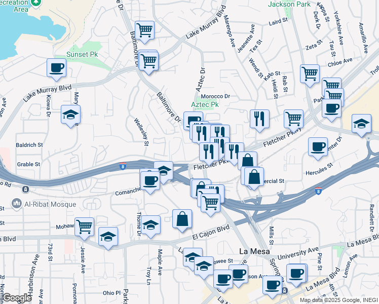 map of restaurants, bars, coffee shops, grocery stores, and more near 7800 Parkway Drive in La Mesa