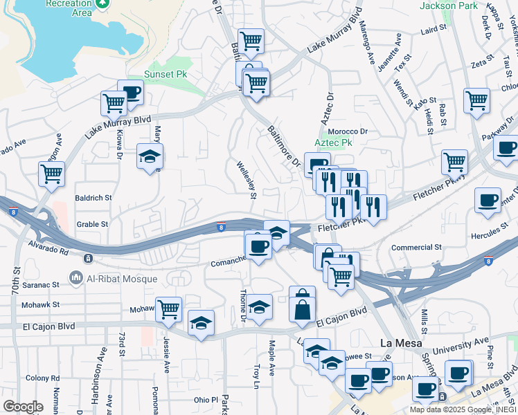 map of restaurants, bars, coffee shops, grocery stores, and more near 7646 Parkway Drive in La Mesa