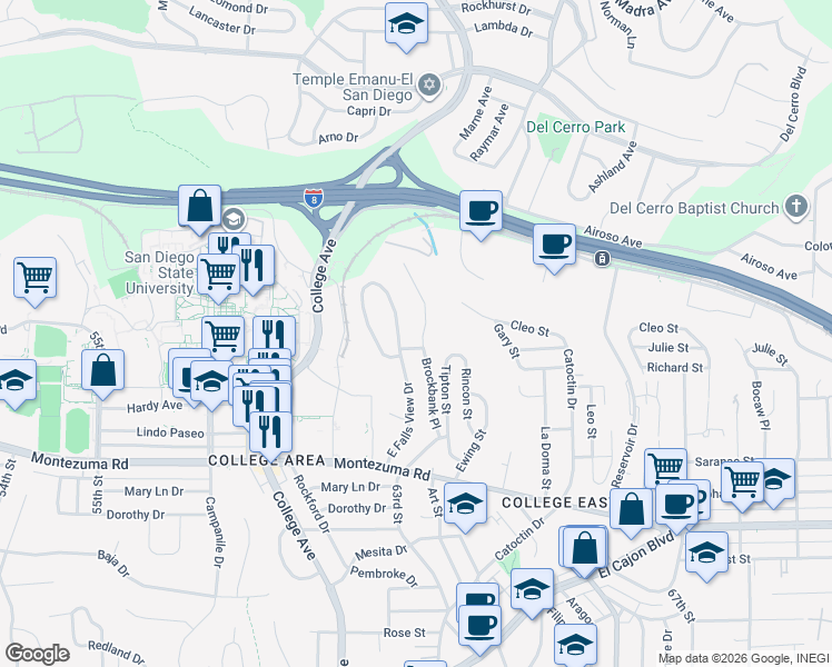 map of restaurants, bars, coffee shops, grocery stores, and more near 5325 East Falls View Drive in San Diego