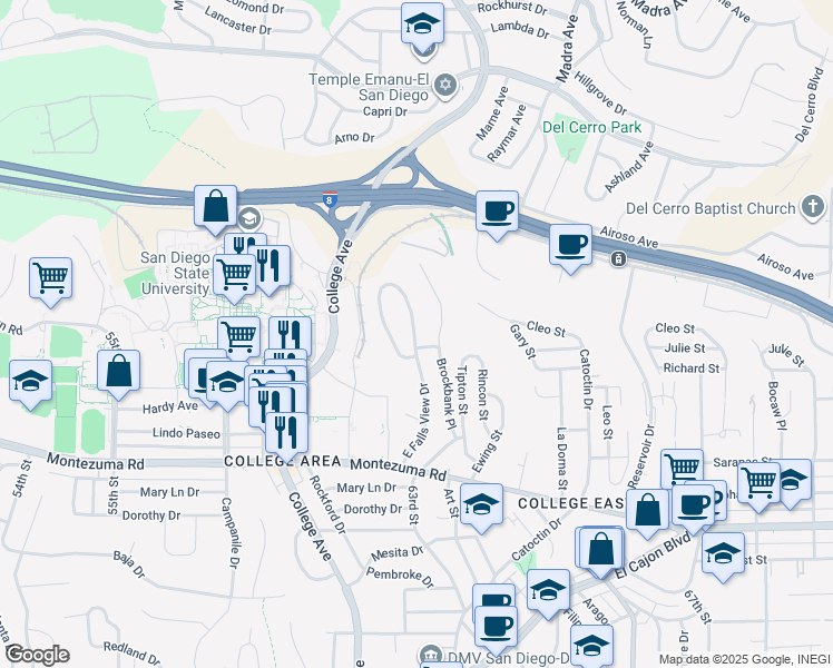 map of restaurants, bars, coffee shops, grocery stores, and more near 5325 East Falls View Drive in San Diego