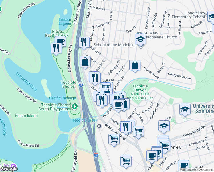 map of restaurants, bars, coffee shops, grocery stores, and more near 1370 Lehigh Street in San Diego