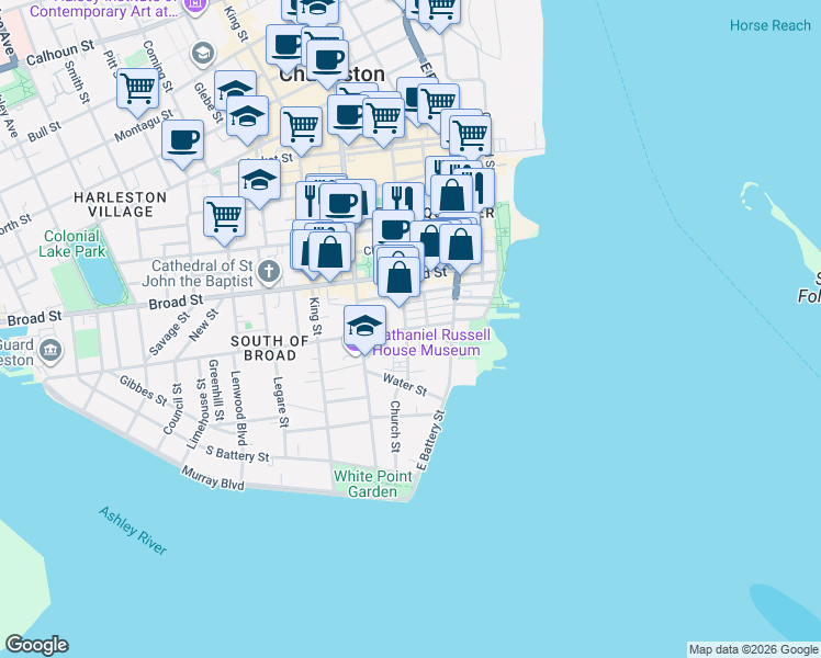 map of restaurants, bars, coffee shops, grocery stores, and more near 32 Tradd Street in Charleston
