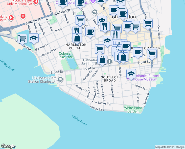 map of restaurants, bars, coffee shops, grocery stores, and more near 34 Savage Street in Charleston