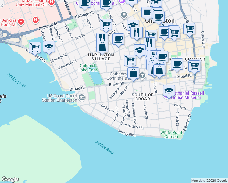 map of restaurants, bars, coffee shops, grocery stores, and more near 34 Savage Street in Charleston
