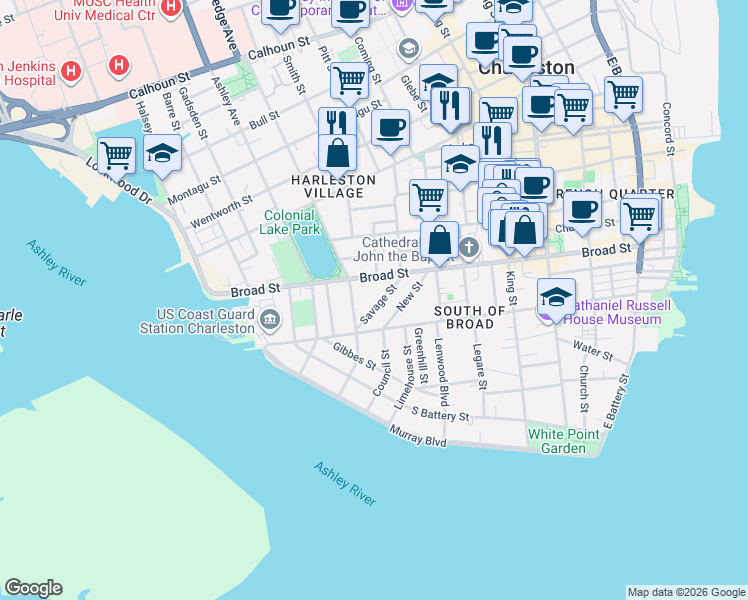 map of restaurants, bars, coffee shops, grocery stores, and more near 34 Savage Street in Charleston