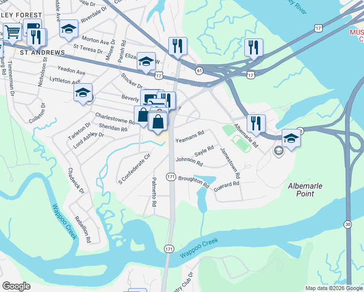 map of restaurants, bars, coffee shops, grocery stores, and more near 15 Yeamans Road in Charleston