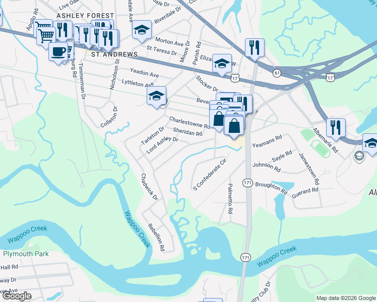 map of restaurants, bars, coffee shops, grocery stores, and more near 136 Chadwick Drive in Charleston