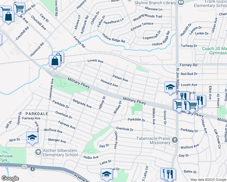 map of restaurants, bars, coffee shops, grocery stores, and more near 6311 Military Parkway in Dallas