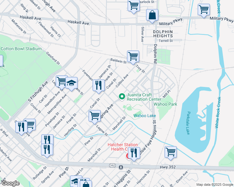 map of restaurants, bars, coffee shops, grocery stores, and more near 4519 Wahoo Street in Dallas