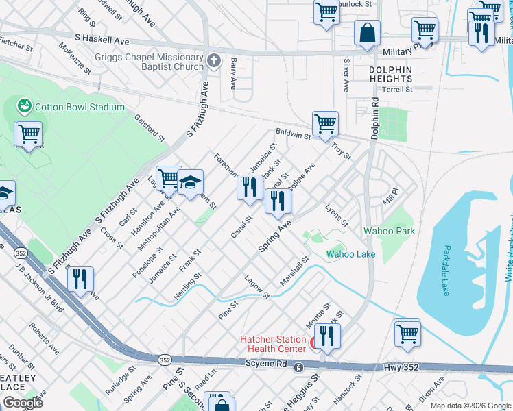 map of restaurants, bars, coffee shops, grocery stores, and more near 4328 Frank Street in Dallas