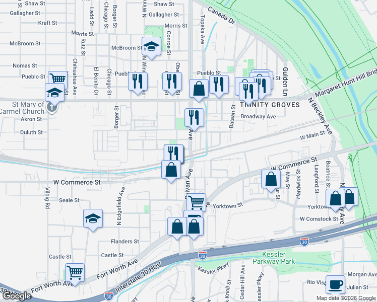 map of restaurants, bars, coffee shops, grocery stores, and more near 2500 Sylvan Avenue in Dallas