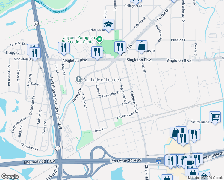 map of restaurants, bars, coffee shops, grocery stores, and more near 2619 Iroquois Street in Dallas