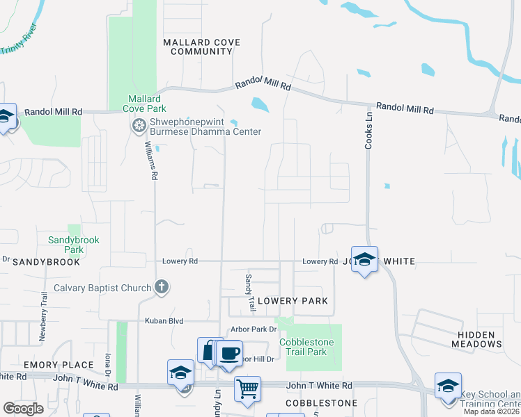 map of restaurants, bars, coffee shops, grocery stores, and more near 301 Sandy Lane in Fort Worth