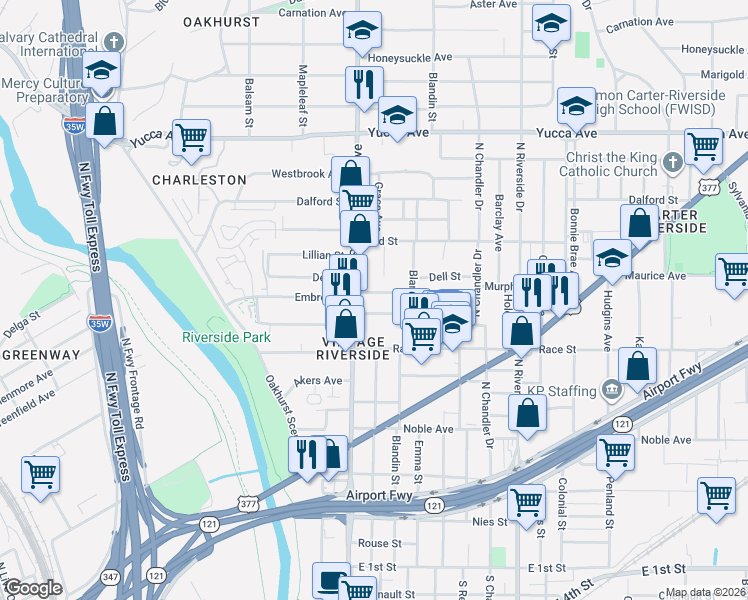 map of restaurants, bars, coffee shops, grocery stores, and more near 2612 Virginia Court in Fort Worth
