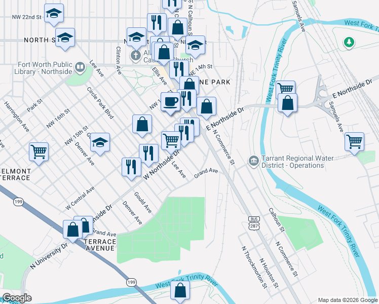 map of restaurants, bars, coffee shops, grocery stores, and more near 1222 Clinton Avenue in Fort Worth