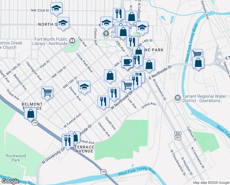 map of restaurants, bars, coffee shops, grocery stores, and more near 1312 Circle Park Boulevard in Fort Worth