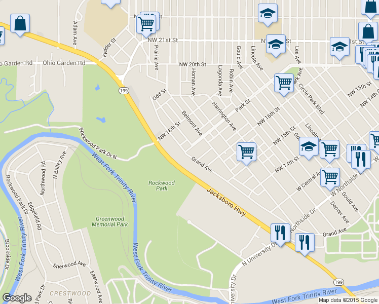 map of restaurants, bars, coffee shops, grocery stores, and more near 1800 Grand Avenue in Fort Worth