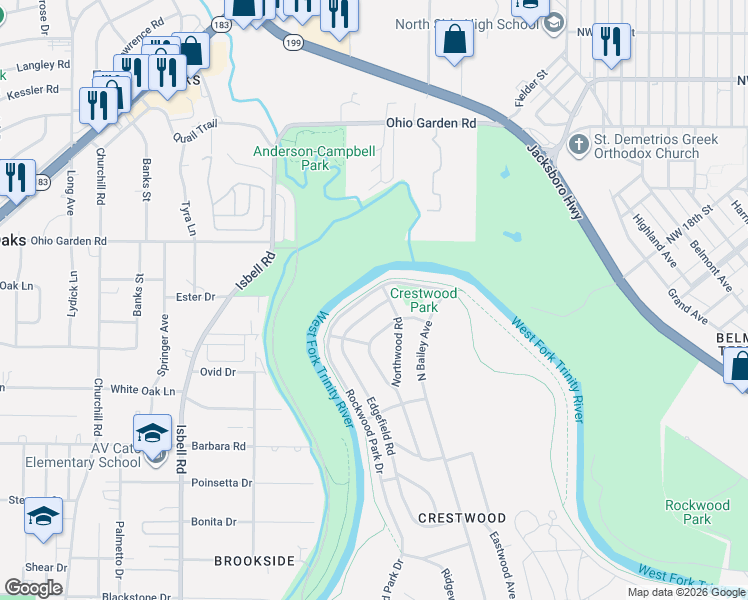 map of restaurants, bars, coffee shops, grocery stores, and more near 3812 Englewood Lane in Fort Worth
