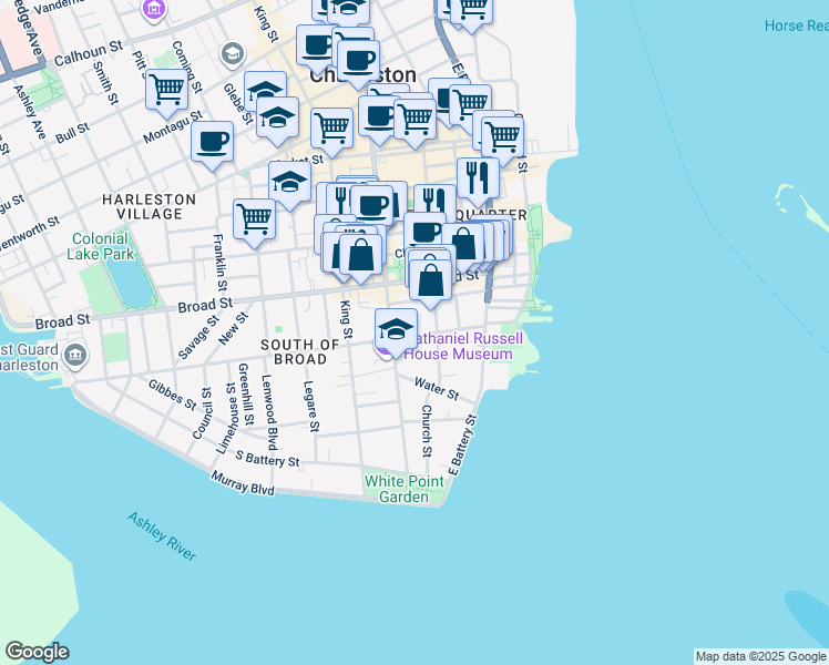map of restaurants, bars, coffee shops, grocery stores, and more near 54 Tradd Street in Charleston