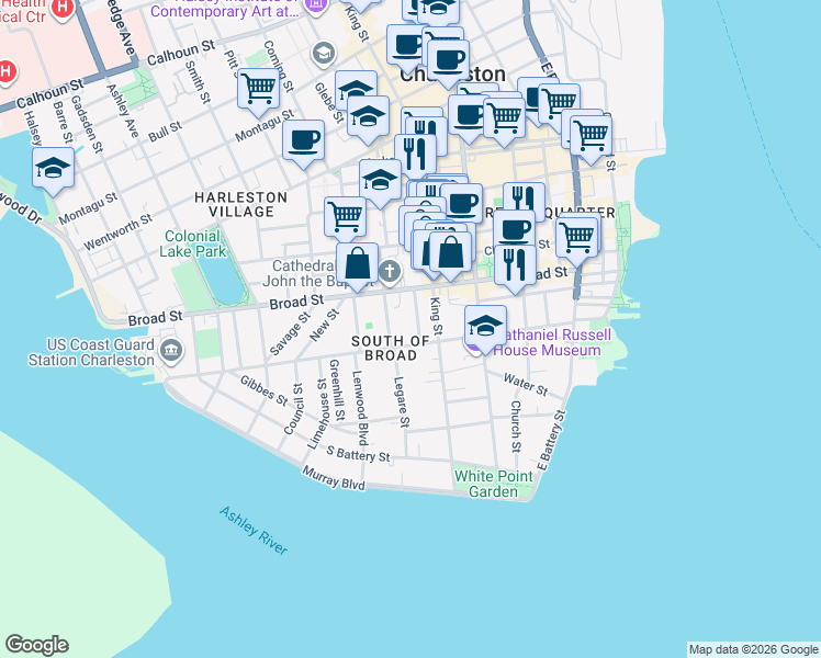 map of restaurants, bars, coffee shops, grocery stores, and more near 3 Orange Street in Charleston