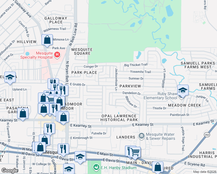 map of restaurants, bars, coffee shops, grocery stores, and more near 428 East Grubb Drive in Mesquite