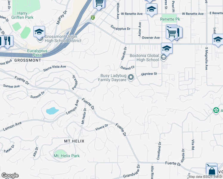 map of restaurants, bars, coffee shops, grocery stores, and more near 10405 Sierra Vista Avenue in La Mesa