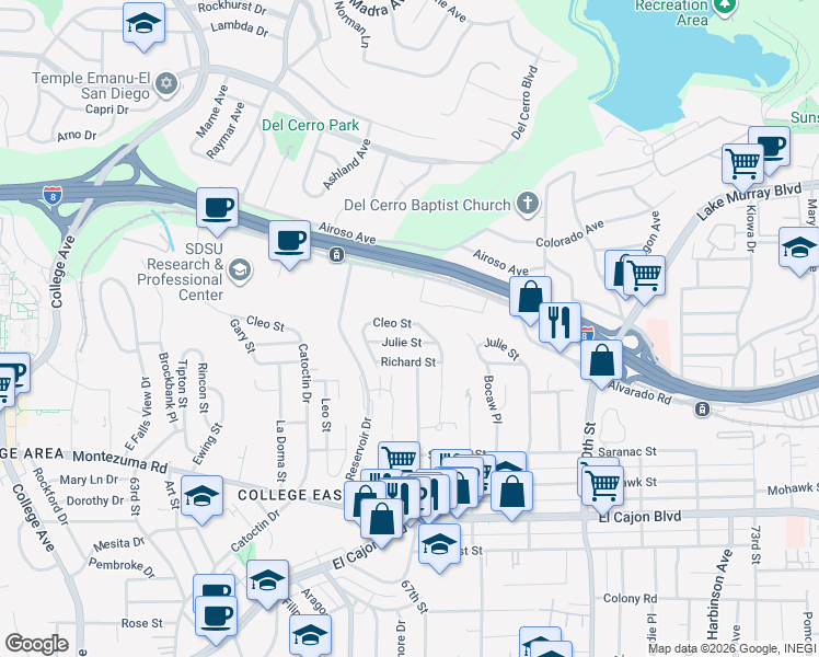 map of restaurants, bars, coffee shops, grocery stores, and more near 6673 Cleo Street in San Diego