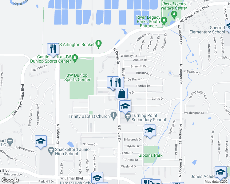 map of restaurants, bars, coffee shops, grocery stores, and more near 2430 North Davis Drive in Arlington