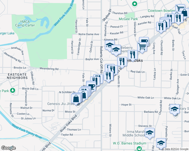 map of restaurants, bars, coffee shops, grocery stores, and more near 925 Cody Court in River Oaks