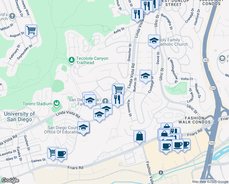 map of restaurants, bars, coffee shops, grocery stores, and more near 6637 Alcala Knolls Drive in San Diego