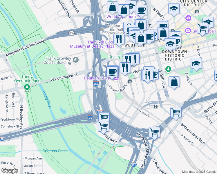 map of restaurants, bars, coffee shops, grocery stores, and more near 302 Stemmons Freeway in Dallas