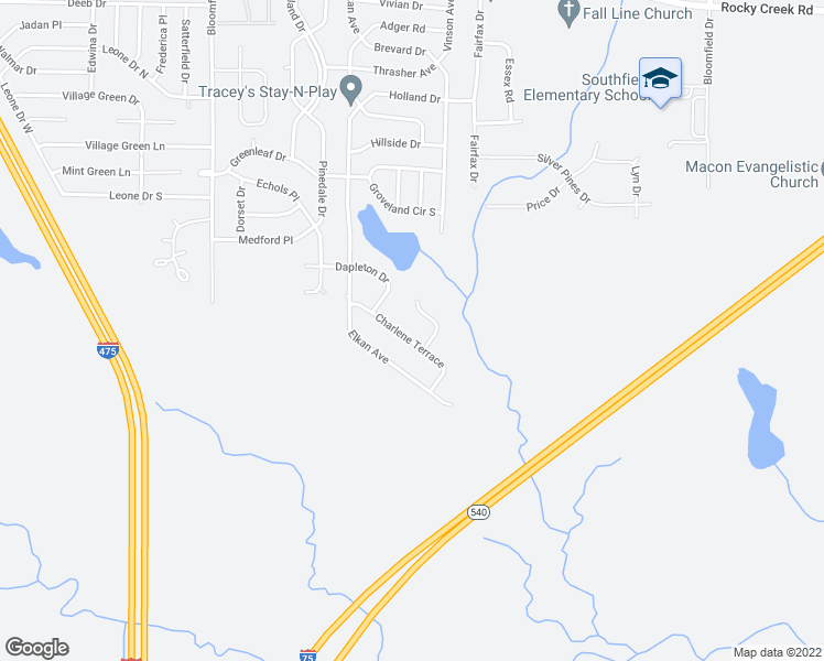 map of restaurants, bars, coffee shops, grocery stores, and more near 2425 Charlene Terrace in Macon