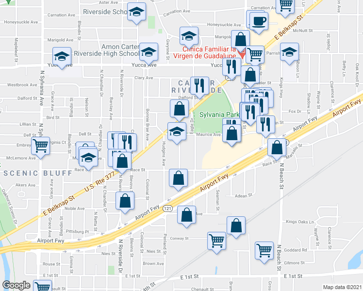 map of restaurants, bars, coffee shops, grocery stores, and more near 816 Karnes Street in Fort Worth