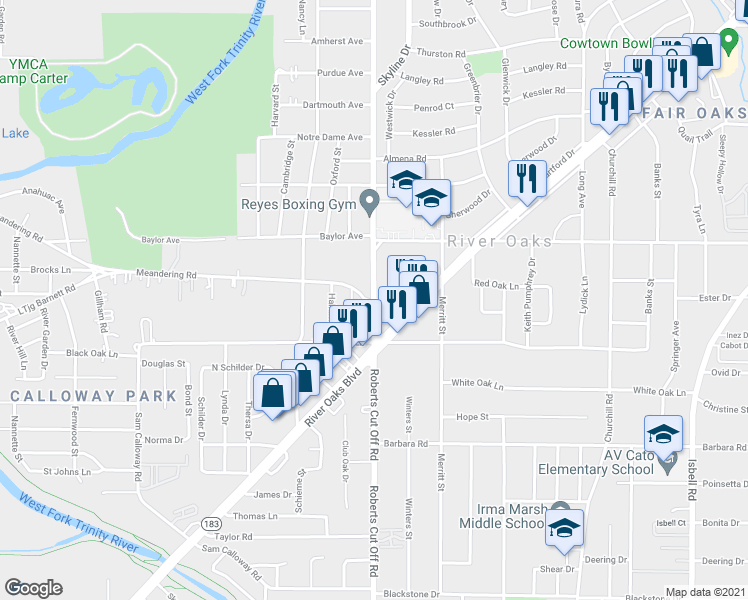 map of restaurants, bars, coffee shops, grocery stores, and more near Roberts Cut Off Rd & Meandering Rd in River Oaks