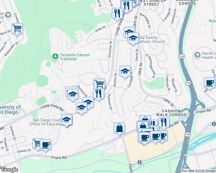 map of restaurants, bars, coffee shops, grocery stores, and more near 13 Linda Vista Road in San Diego